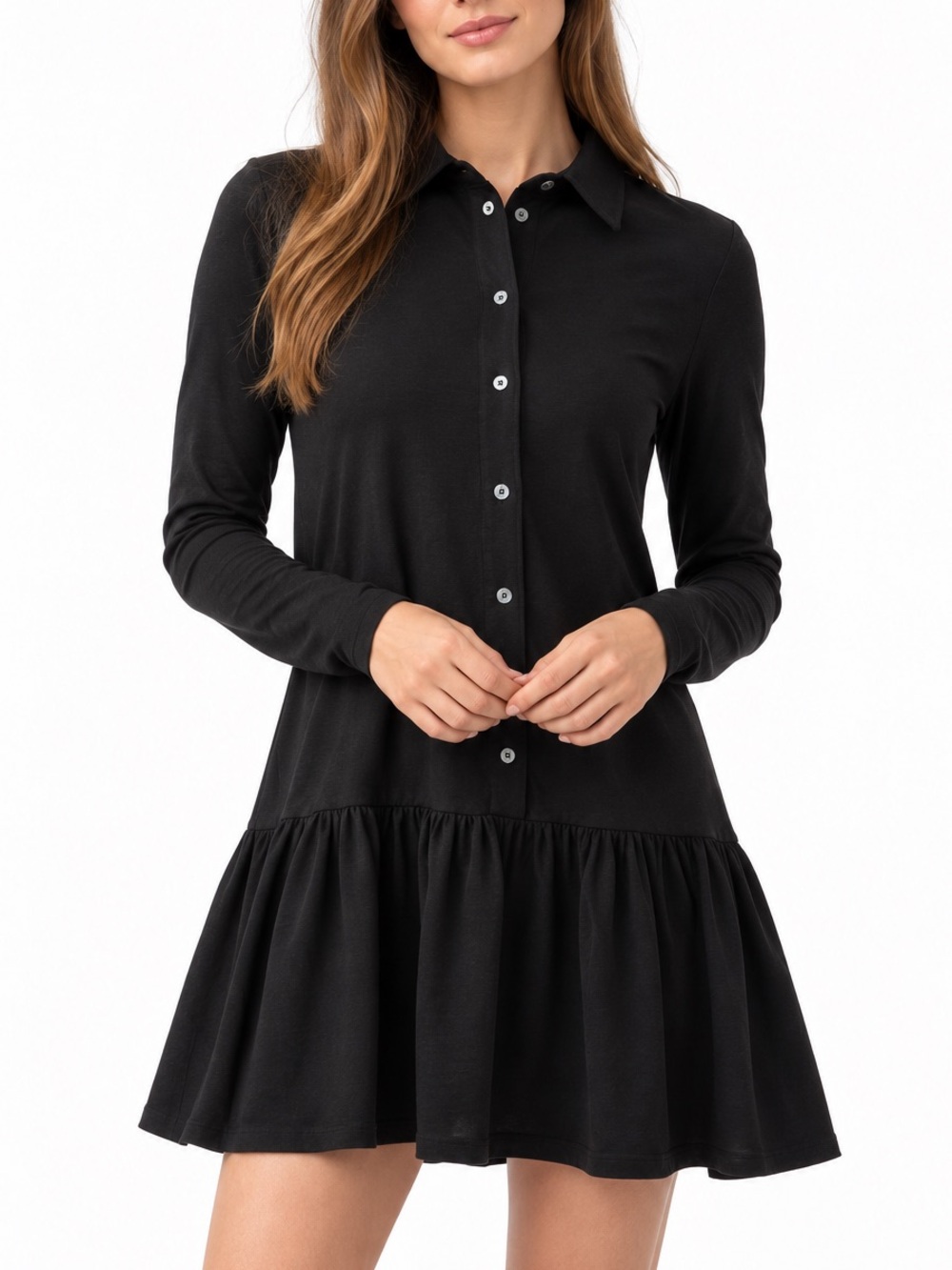 Saint + Sofia Black Button Front Drop Waist Ruffle Mini Dress US 6 Classy Chic